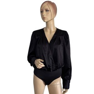 Andrew Marc New York Women's Long Sleeve Satin Wrap Front Bodysuit Medium